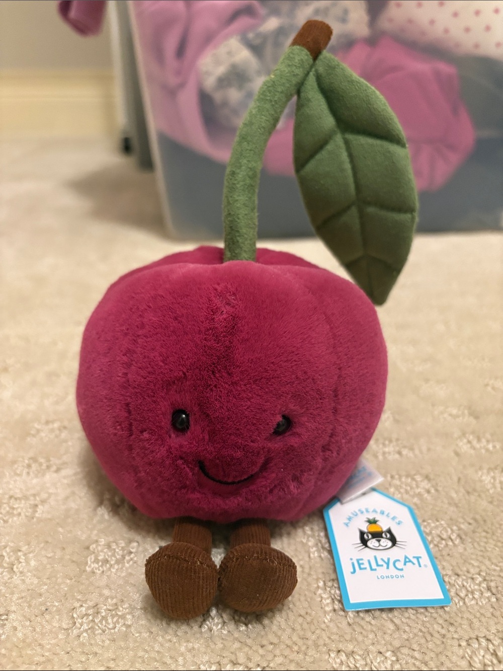 Jellycat Plum-Colored Cherry Plush with Green Stem